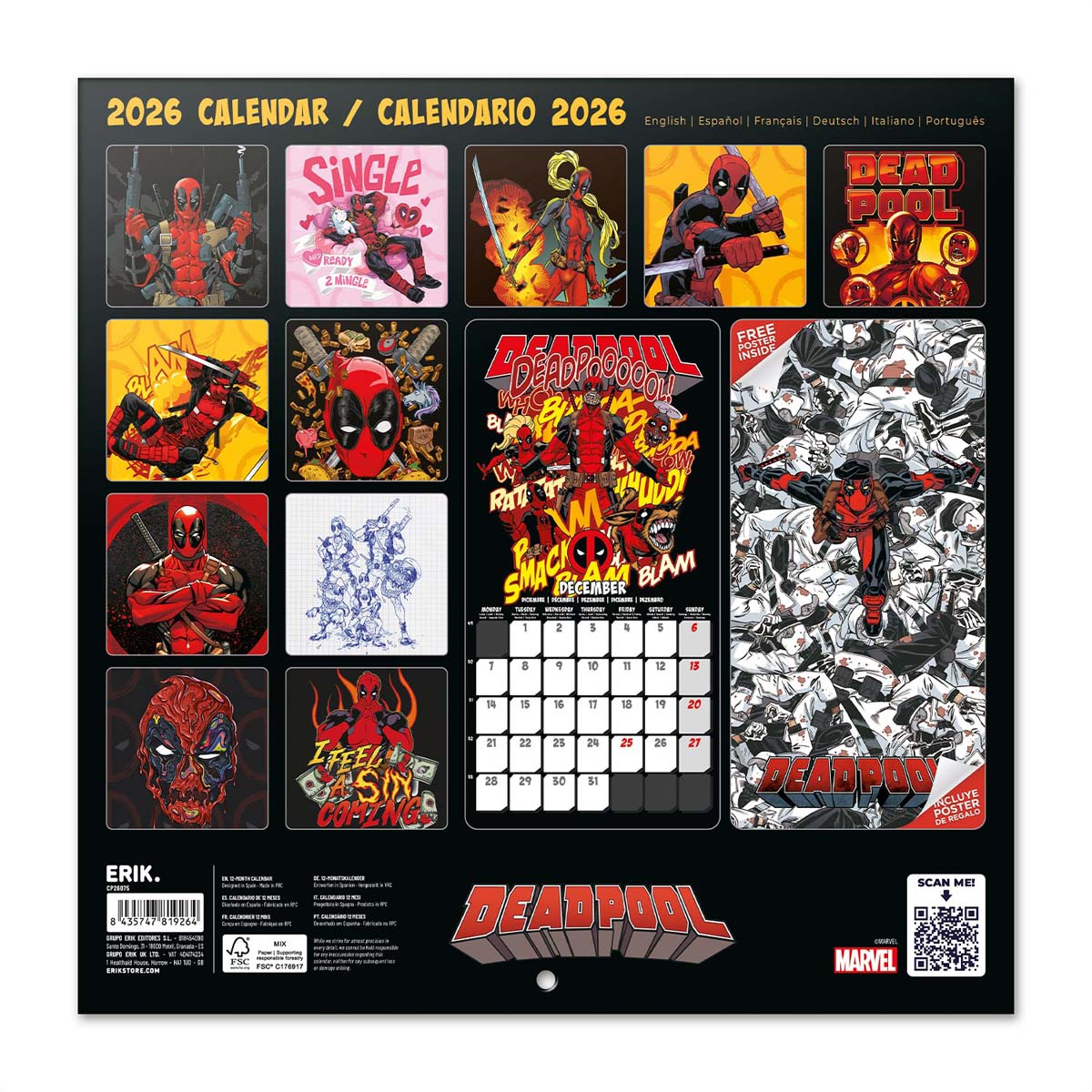 Calendario 2026 30x30 Marvel Deadpool Erik rojo Rojo / Naranja-2