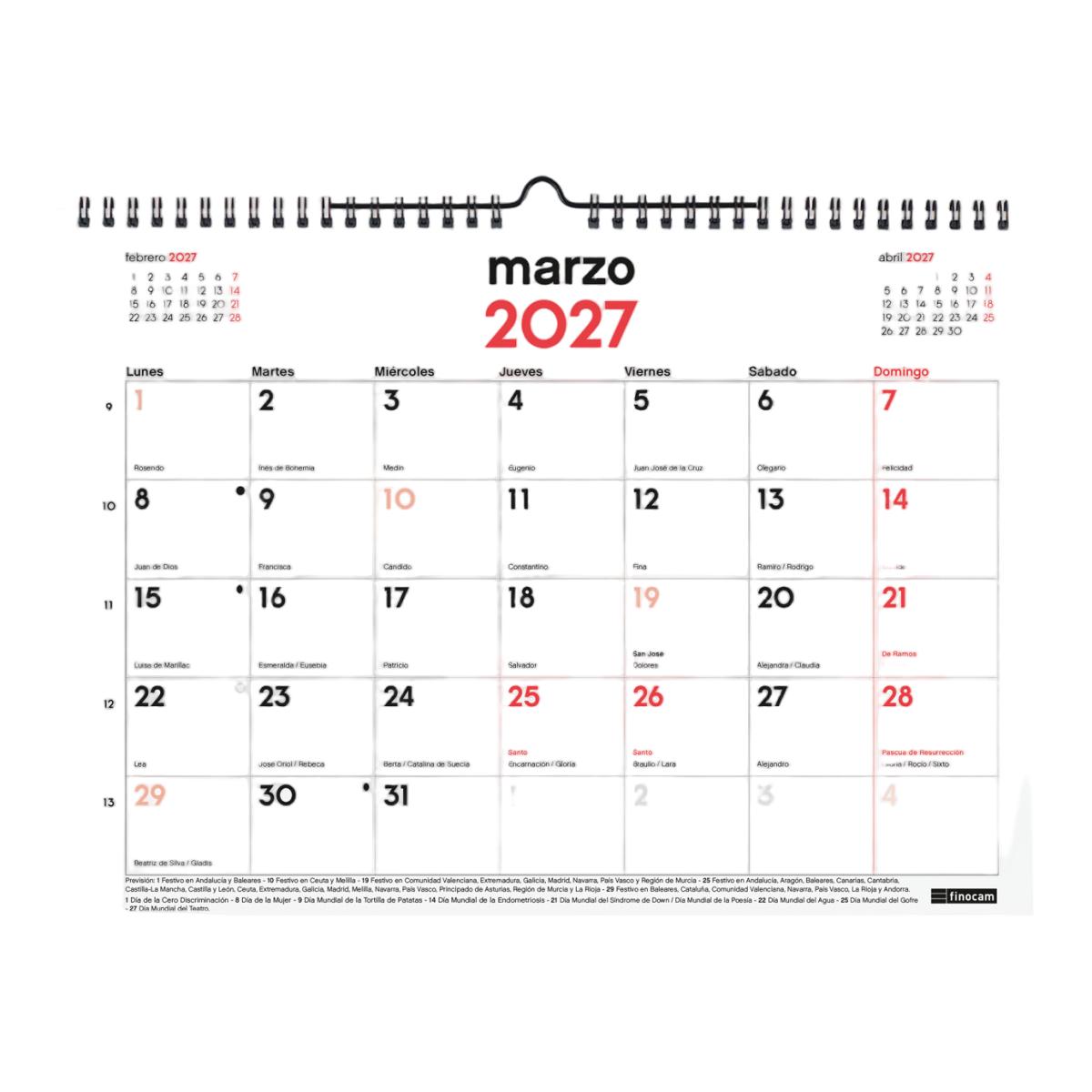 Calendario 16 meses pared septiembre 2026-diciembre 2027 Neutro L-340x240 mm Finocam 2