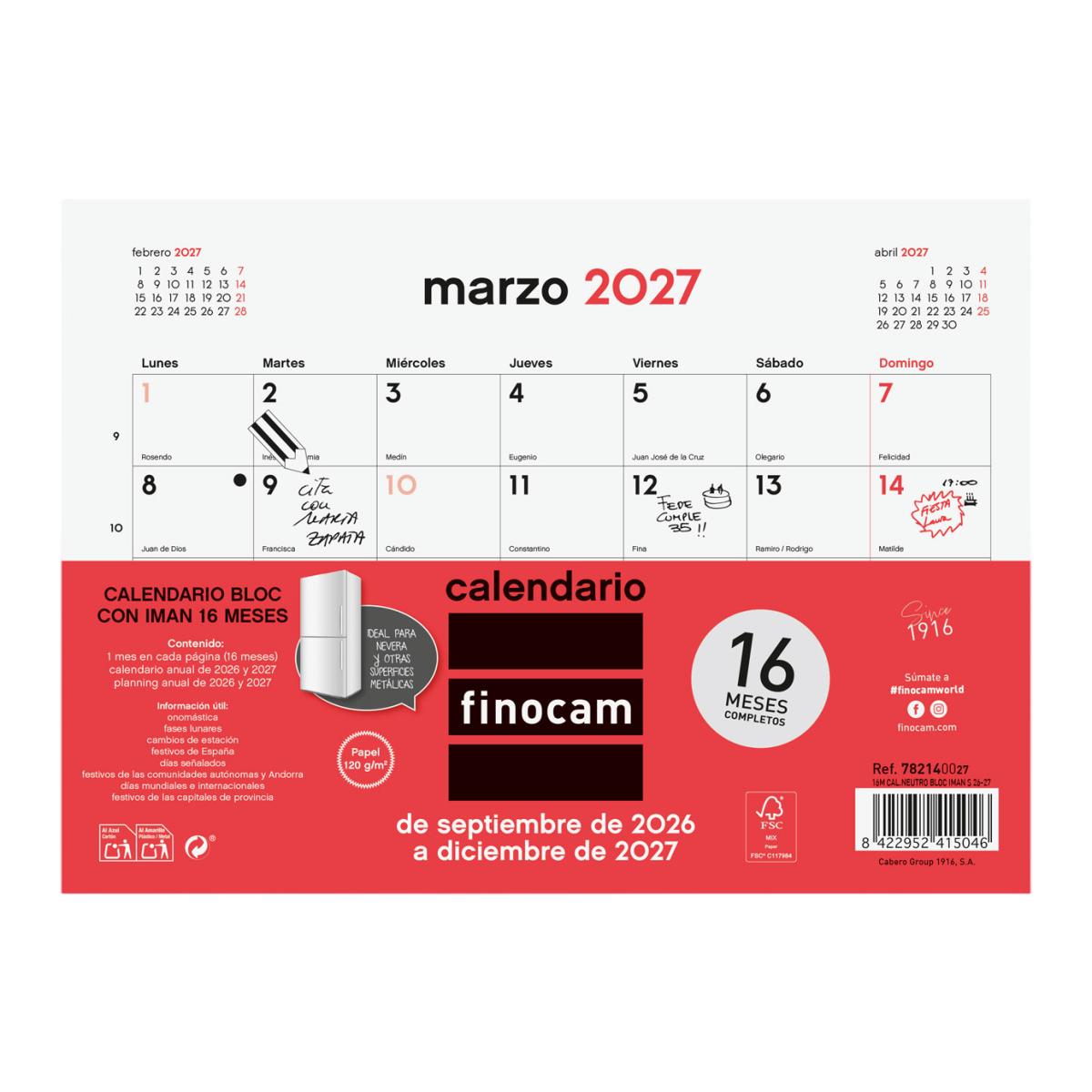 Calendario 16 meses bloc imán septiembre 2026-diciembre 2027 Neutro S-210x150 mm Finocam 1