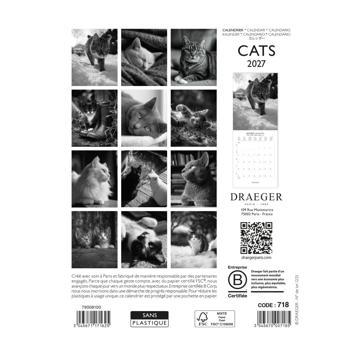 Calendario 2027, 16 Meses (Setembro-Dezembro), Mês Vista por Página com Motivos de Gatos Branco e Preto Draeger Estampado/Branco-3