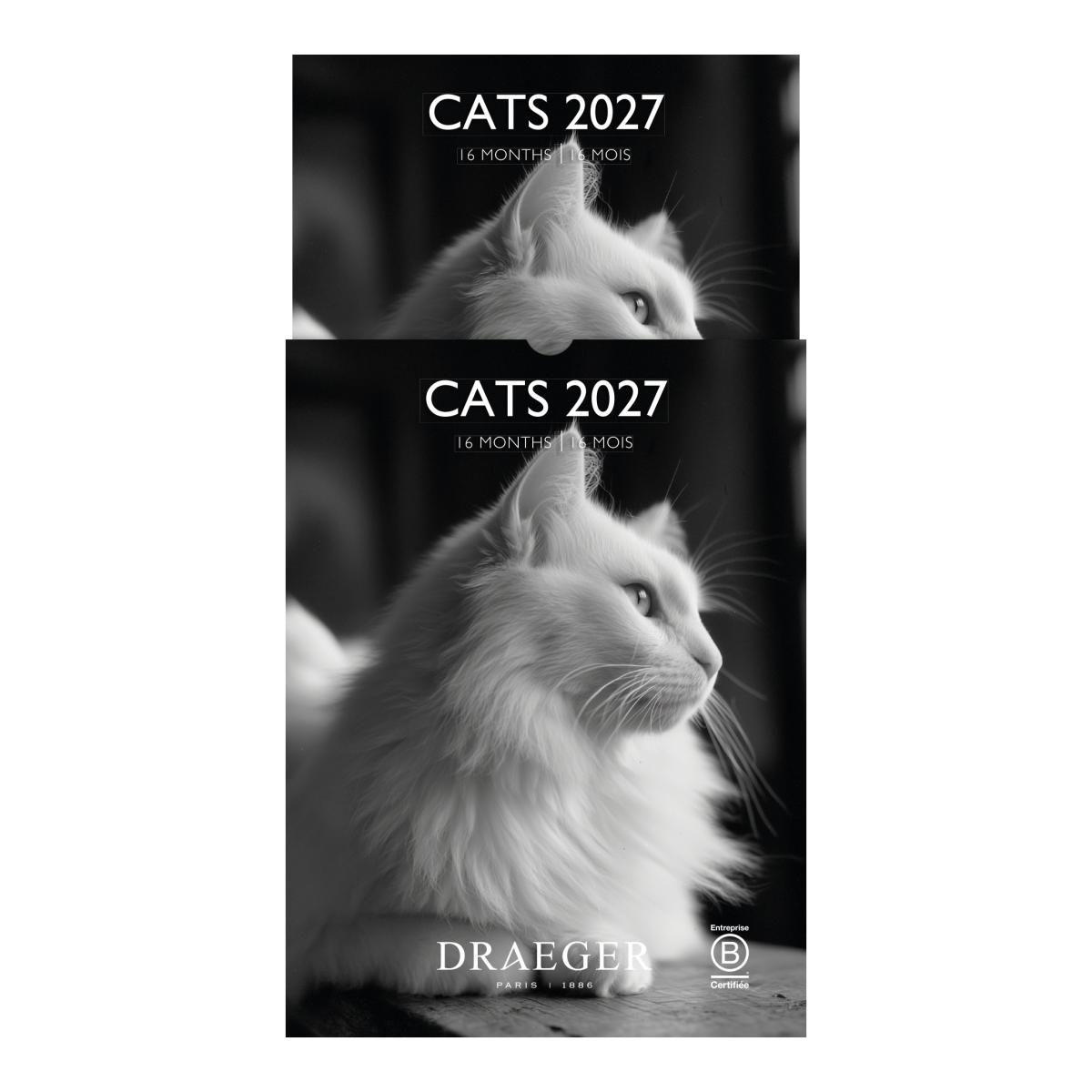 Calendario 2027, 16 Meses (Setembro-Dezembro), Mês Vista por Página com Motivos de Gatos Branco e Preto Draeger Estampado/Branco-4