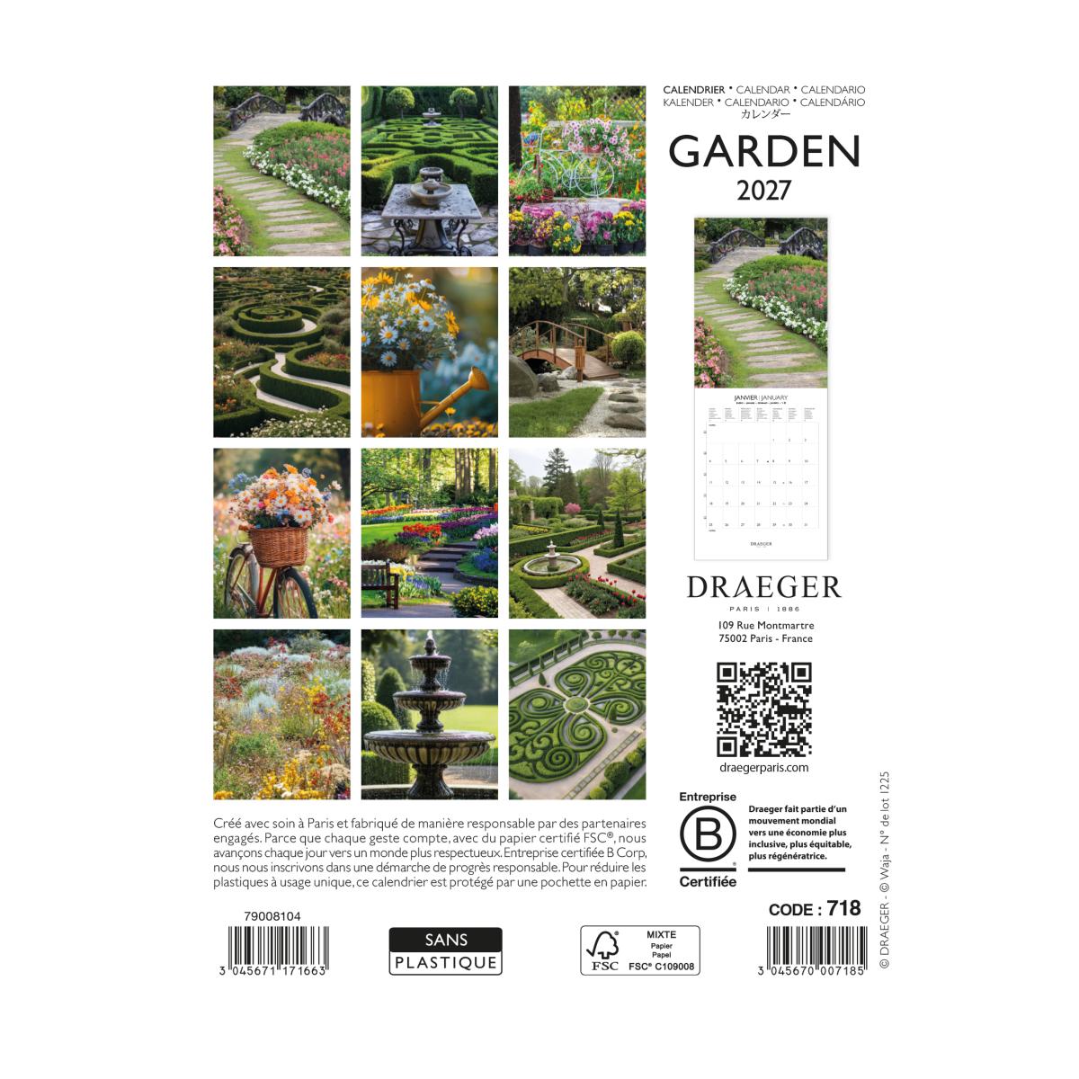 Calendario 2027, 16 Meses (Setembro-Dezembro), Mês Vista por Página com Motivos de Jardins Draeger Estampado-3