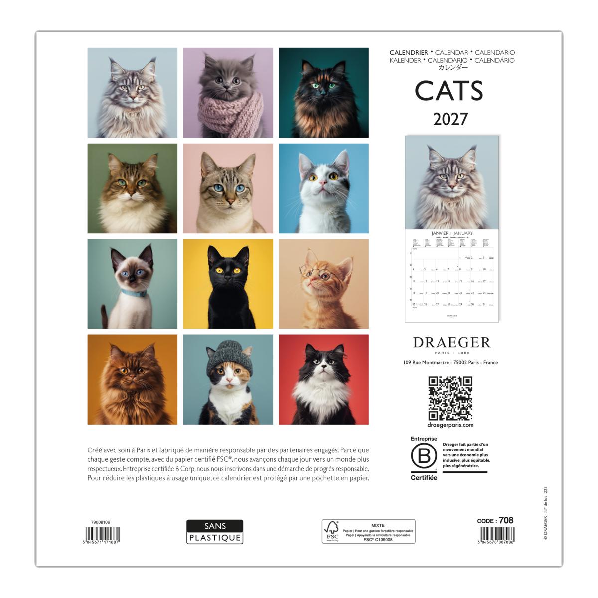 Calendario 2027, 16 Meses (Setembro-Dezembro), Mês Vista por Página com Motivos de Gatos Draeger Estampado-3