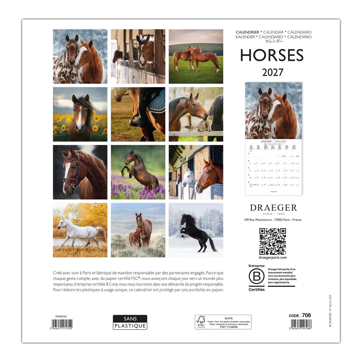 Calendario 2027, 16 Meses (Setembro-Dezembro), Mês Vista por Página com Motivos de Cavalo Draeger Estampado-3