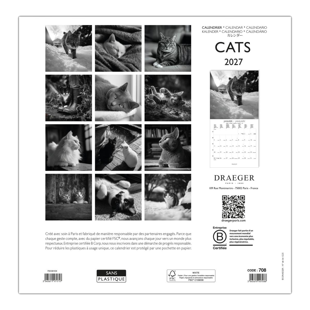 Calendario 2027, 16 Meses (Setembro-Dezembro), Mês Vista por Página com Motivos de Gatos Branco e Preto Draeger Estampado/Branco-3