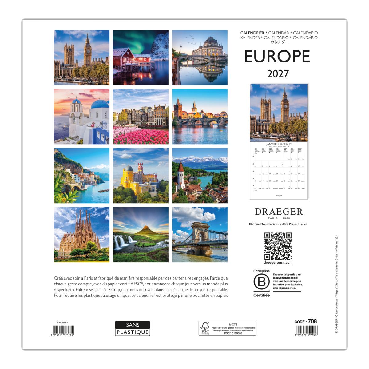 Calendario 2027, 16 Meses (Setembro-Dezembro), Mês Vista por Página com Motivos de Europa Draeger Estampado-3