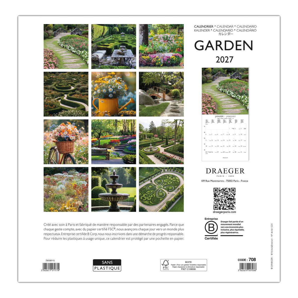 Calendario 2027, 16 meses (septiembre-diciembre), mes vista por página con motivos de jardines Draeger Estampado-3
