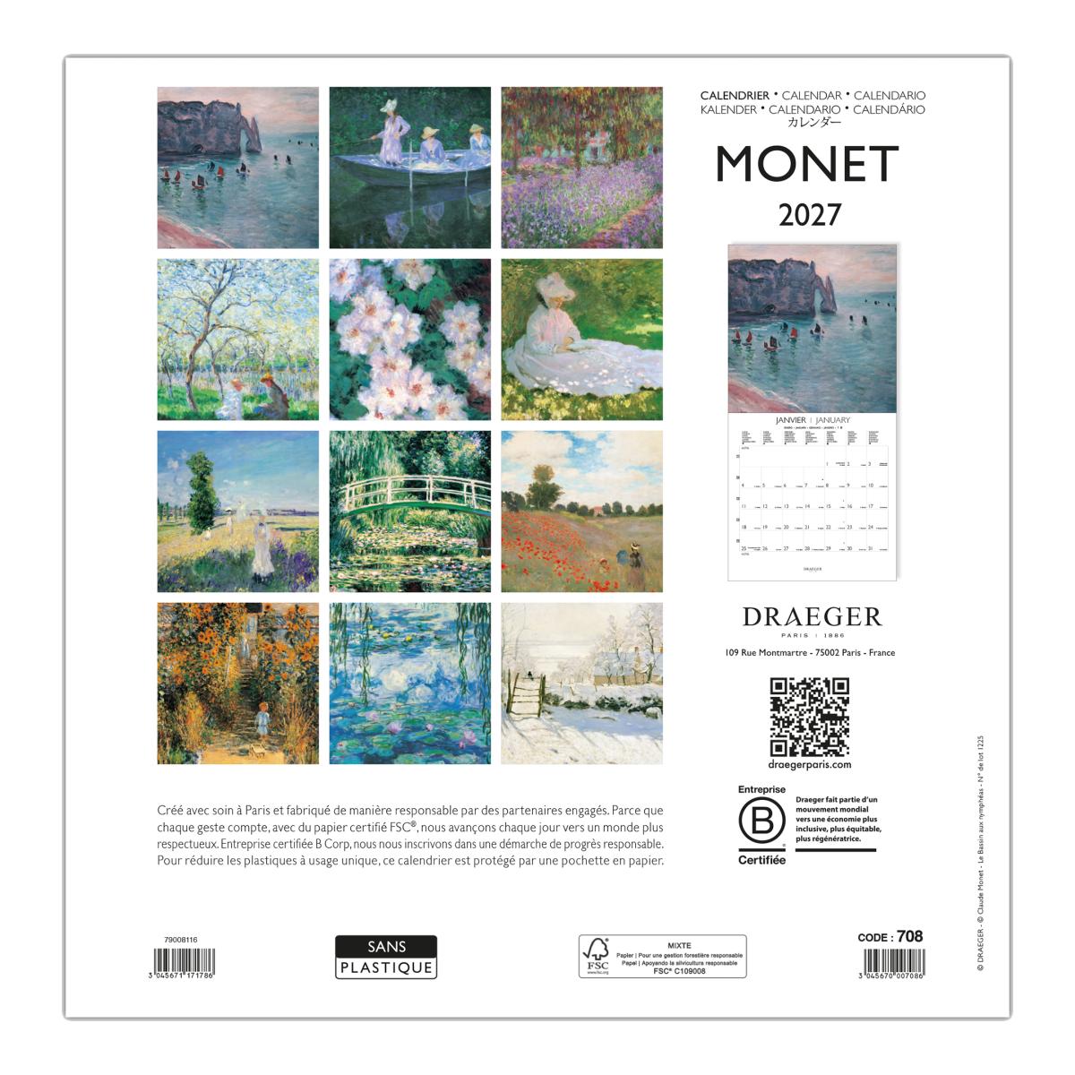 Calendario 2027, 16 Meses (Setembro-Dezembro), Mês Vista por Página com Motivos de Monet Draeger Estampado-3