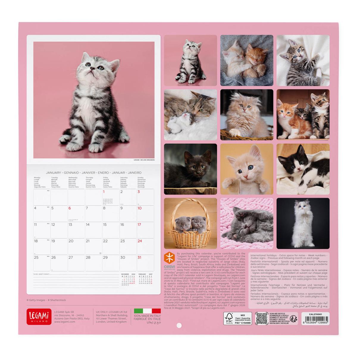 Calendario 2027 pared mes vista Kittens Legami 3