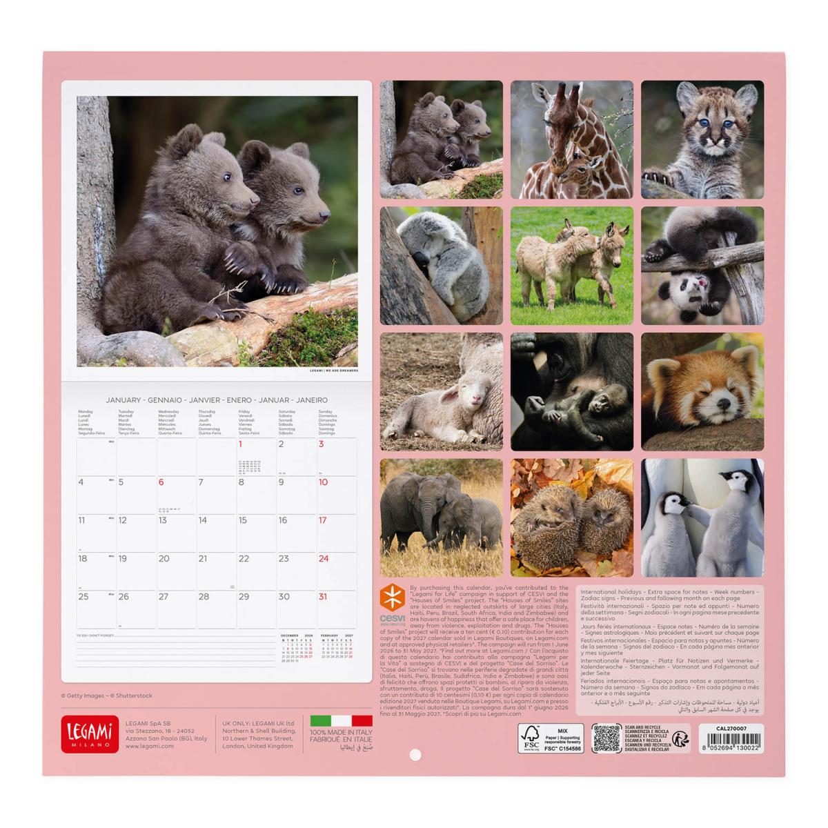 Calendario 2027 pared mes vista Baby Animals Legami 3