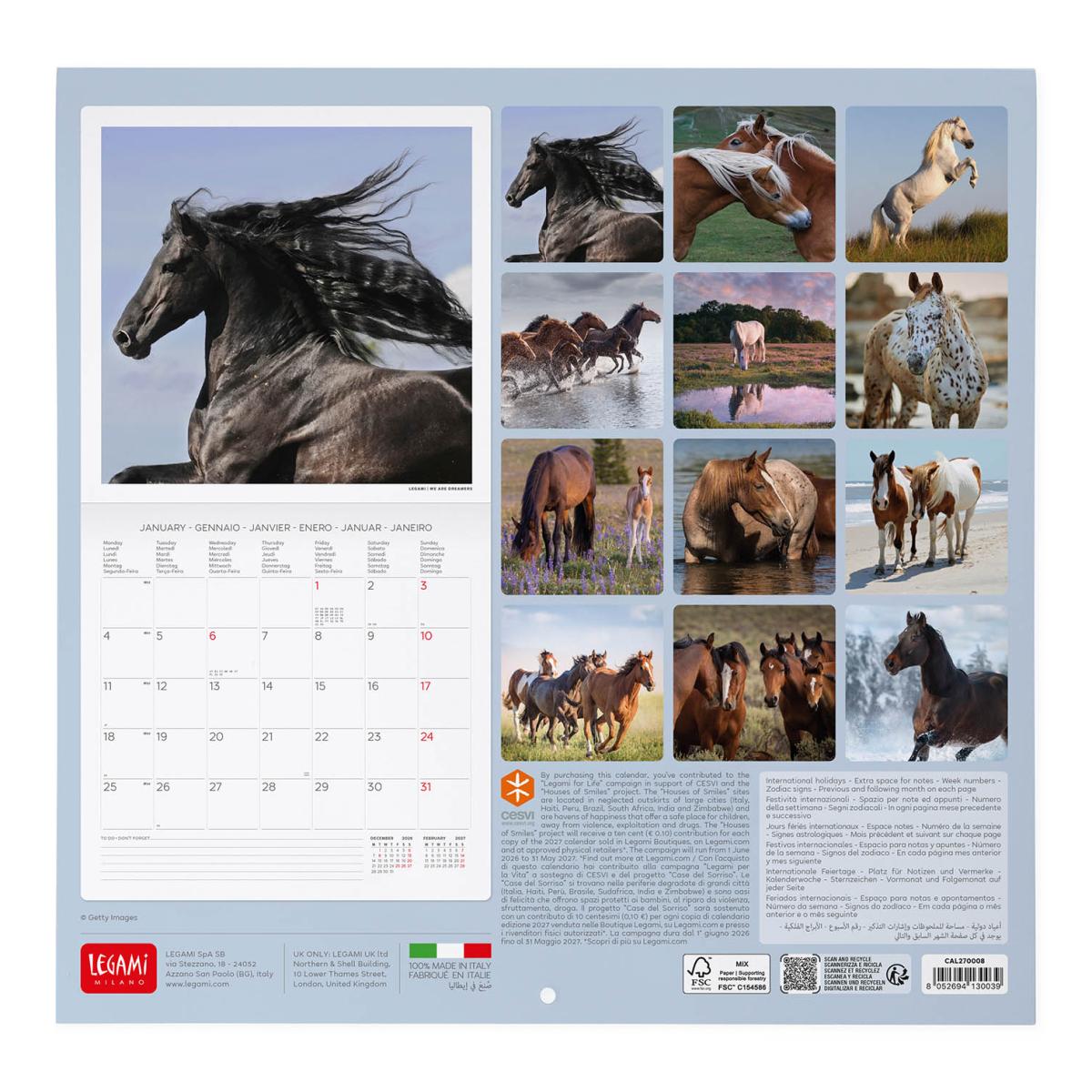 Calendario de Parede 2027 Vista por Mês Horses Legami 3