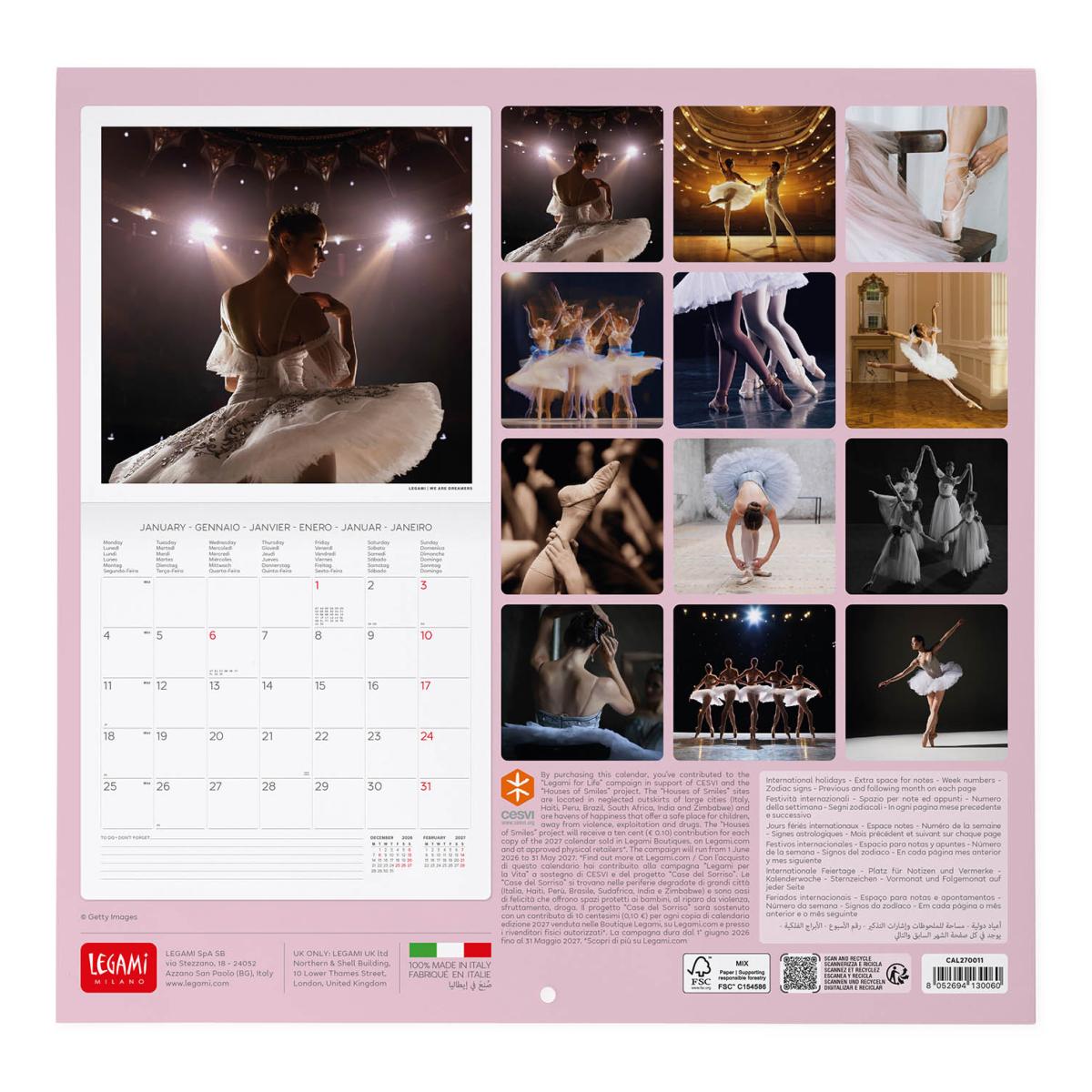 Calendario de Parede 2027 Vista por Mês Ballet Legami 3