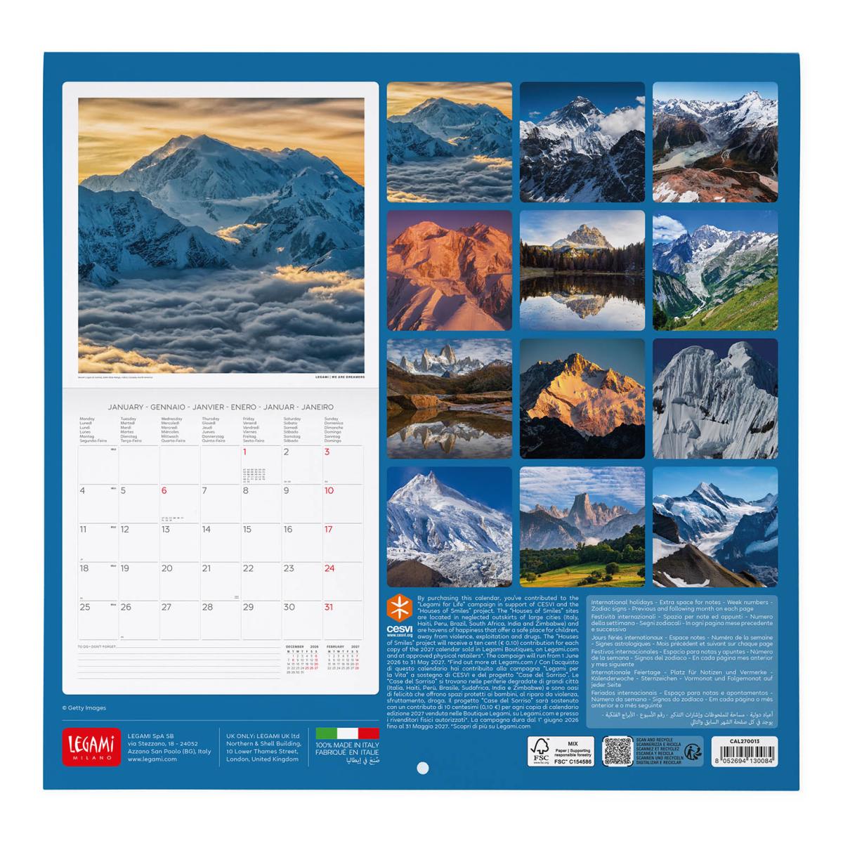 Calendario de Parede 2027 Vista por Mês Planet Mountains Legami 3