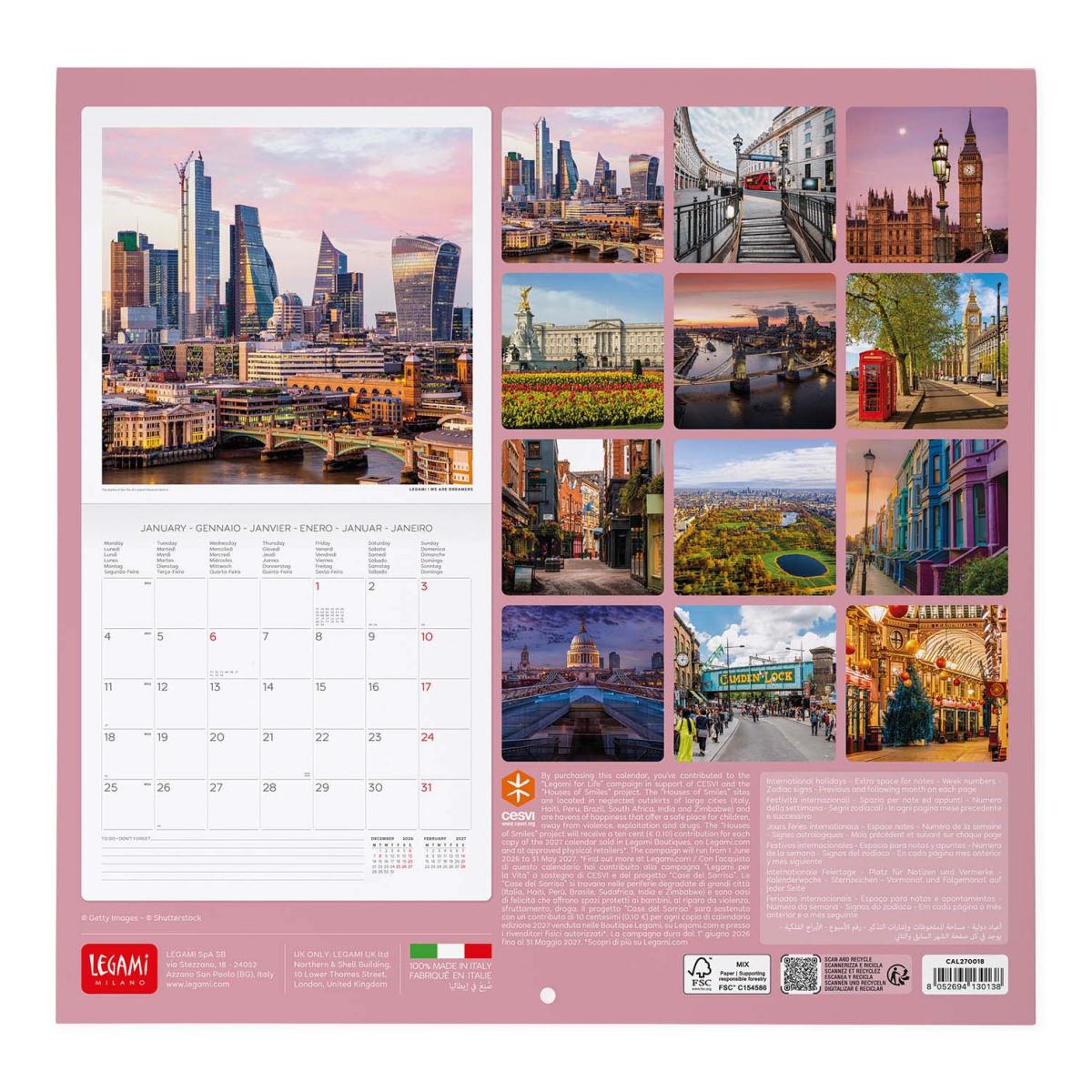 Calendario de Parede 2027 Vista por Mês Planet London Legami 3
