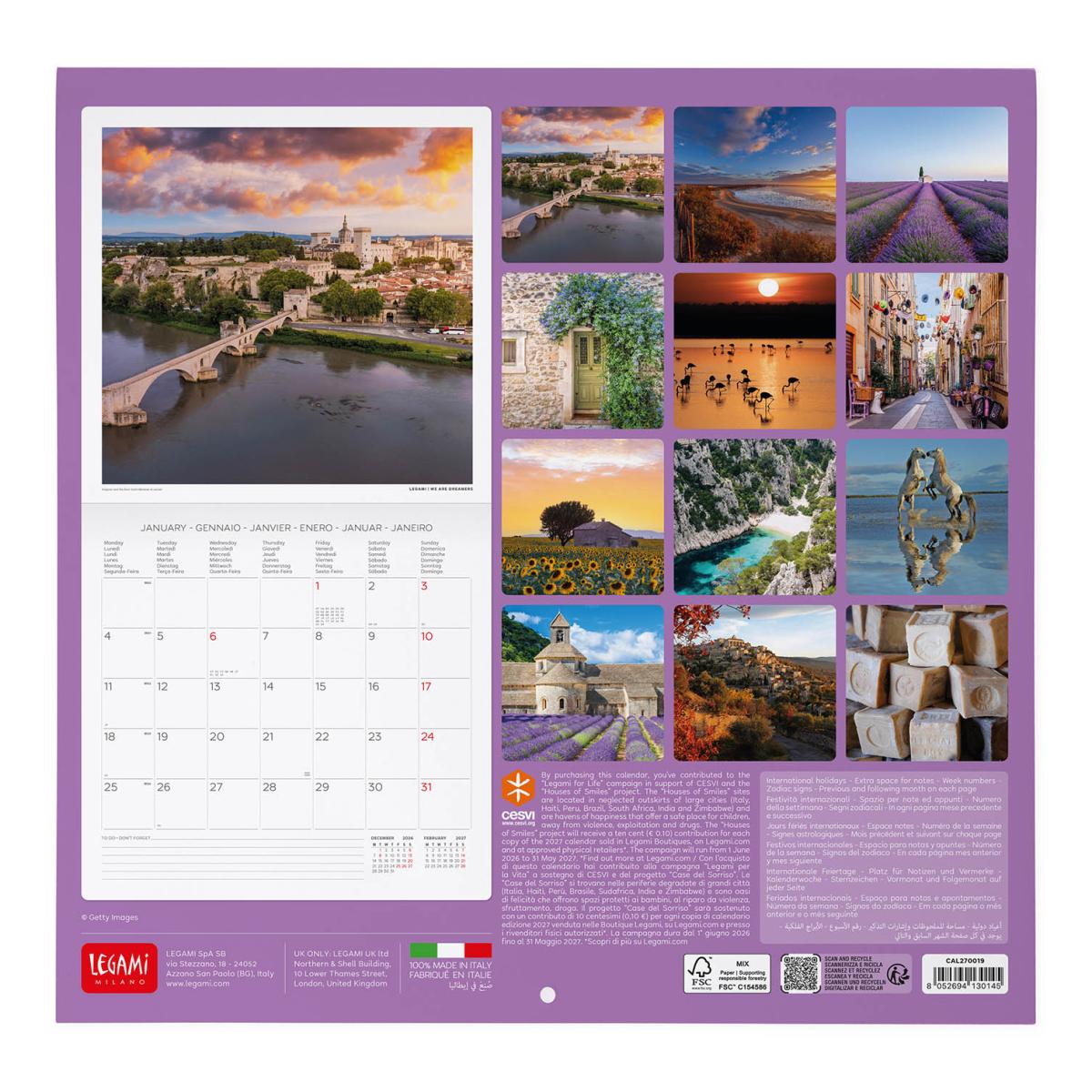 Calendario de Parede 2027 Vista por Mês Planet Provence Legami 3