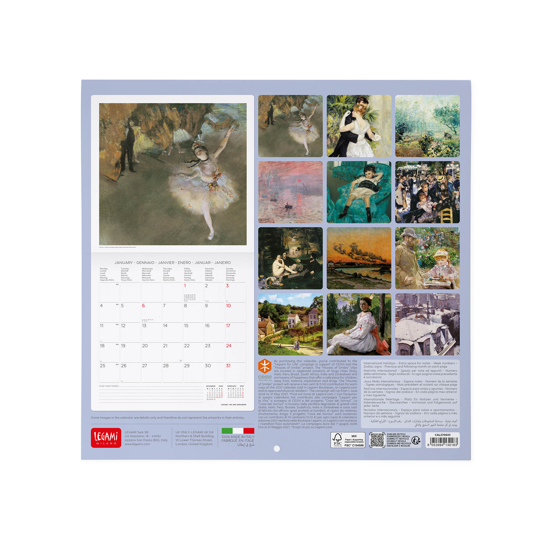 Calendario de Parede 2027 Vista por Mês Planet Impressionists Legami 3