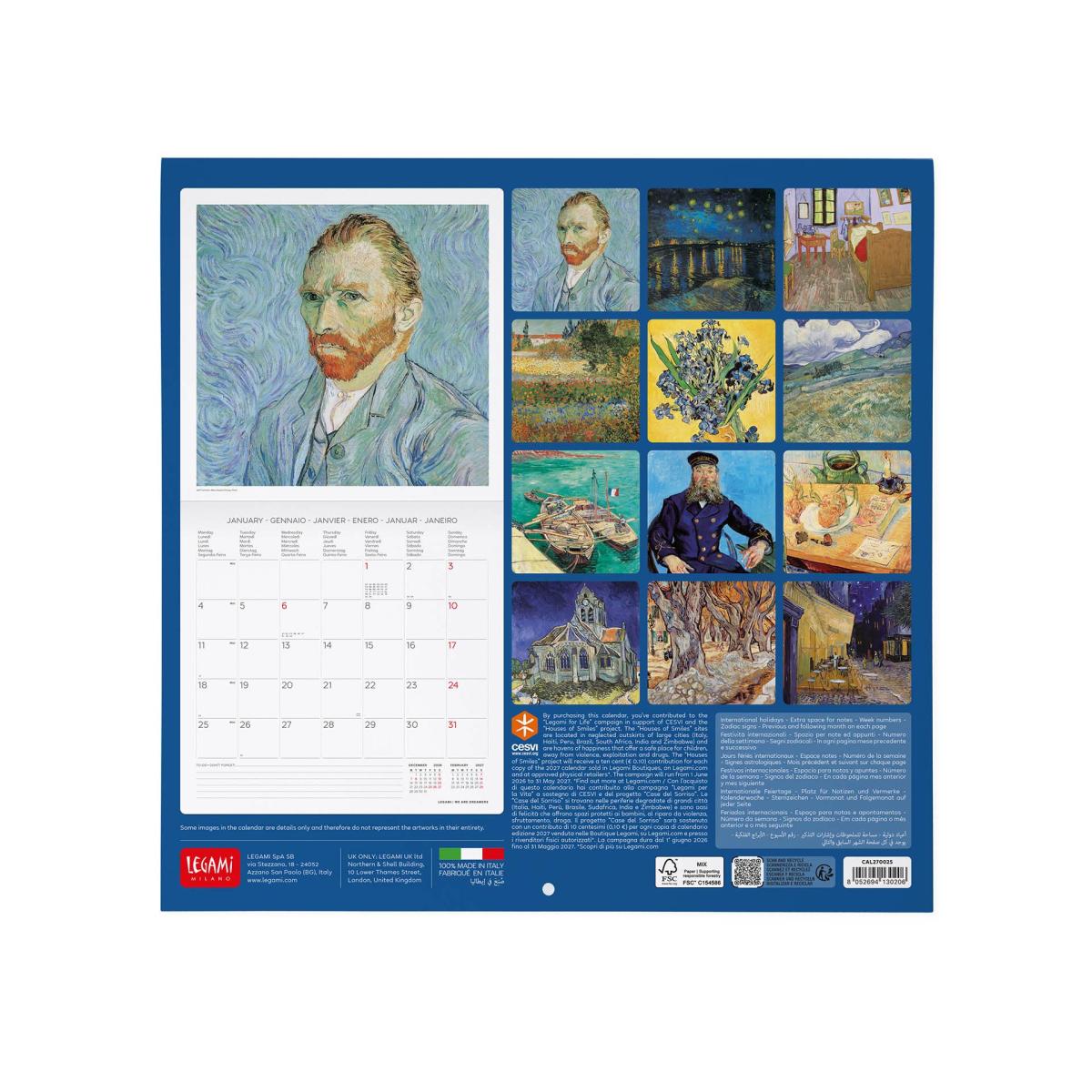 Calendario de Parede 2027 Vista por Mês Planet Vincent Van Gogh Legami 3