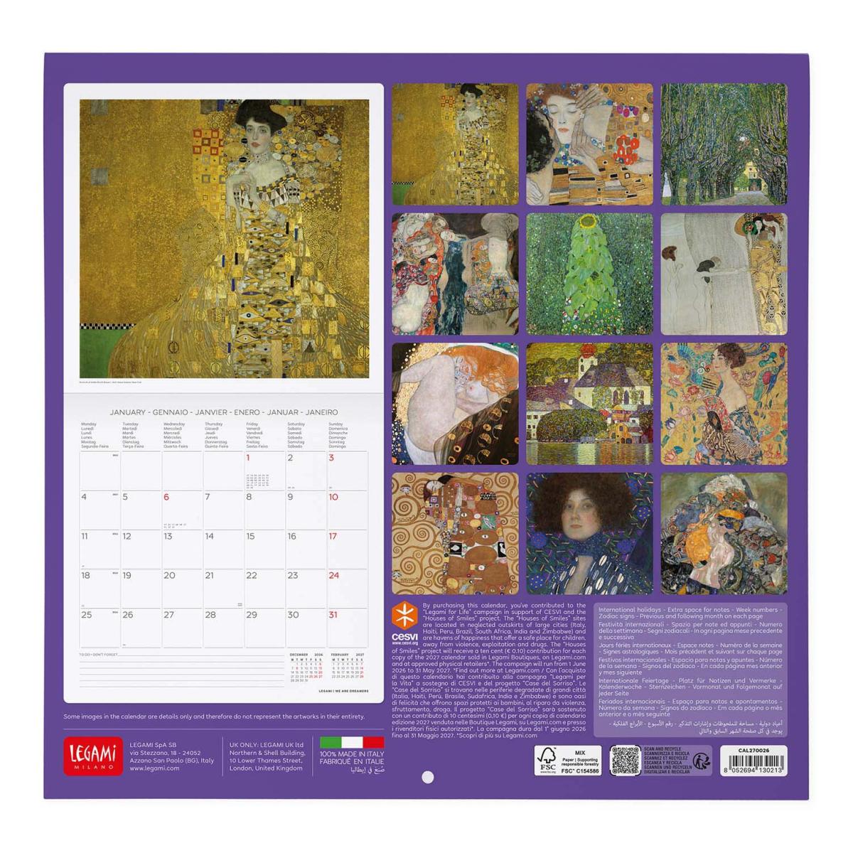 Calendario de Parede 2027 Vista por Mês Planet Vincent Gustav Klimt Legami 3