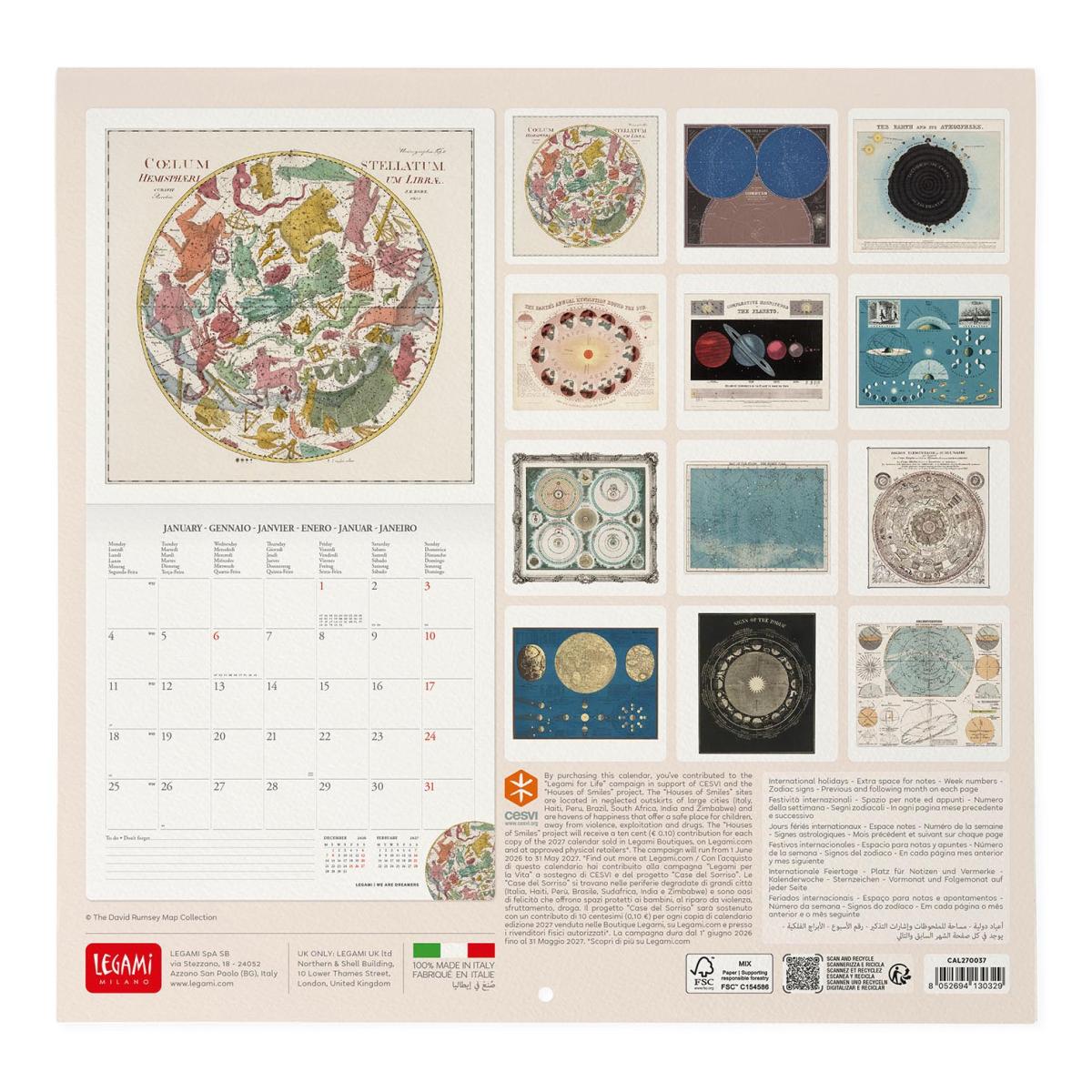 Calendario de Parede 2027 Vista por Mês Celestial Maps Legami 3
