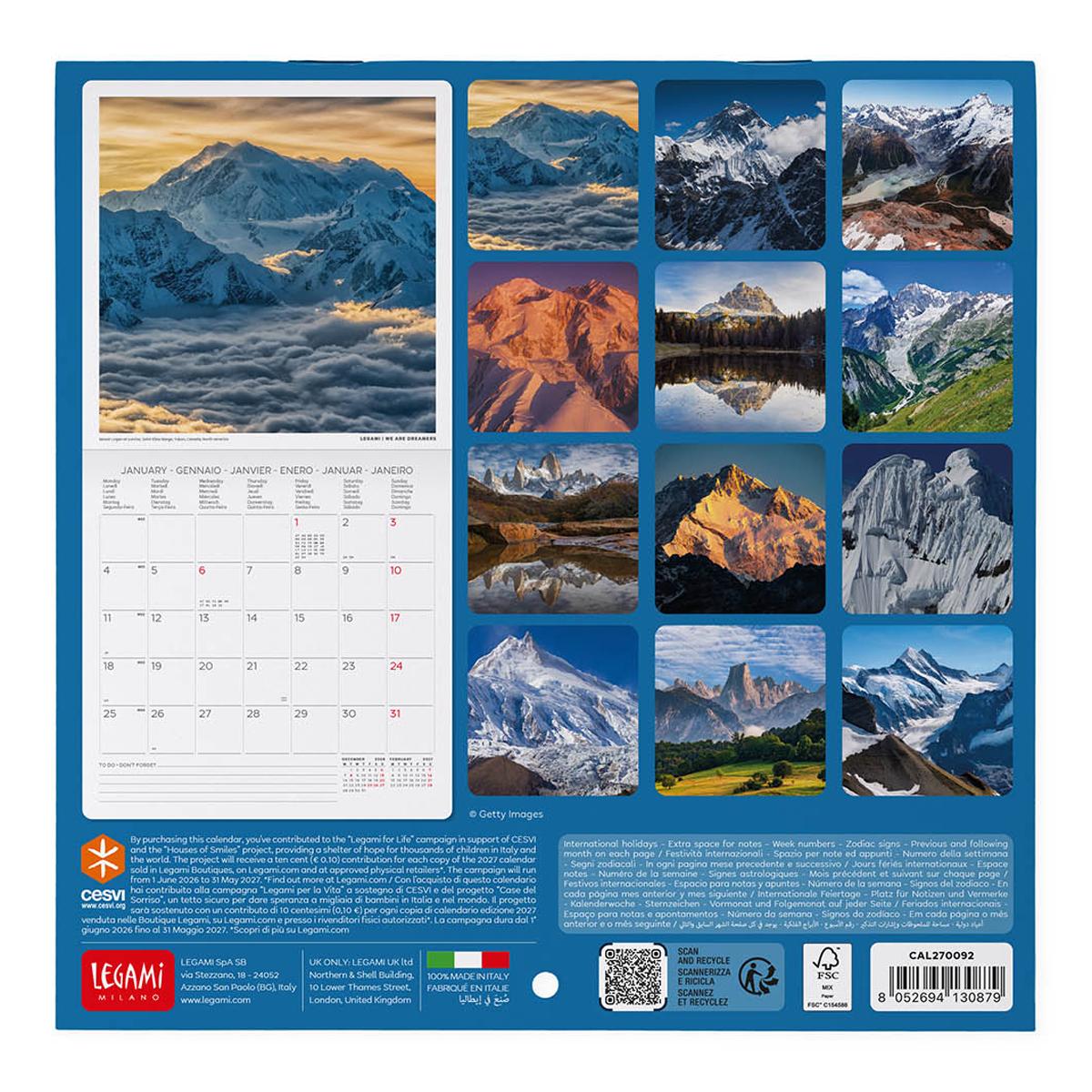 Calendario 2027 pared mes vista Mountains Legami 3