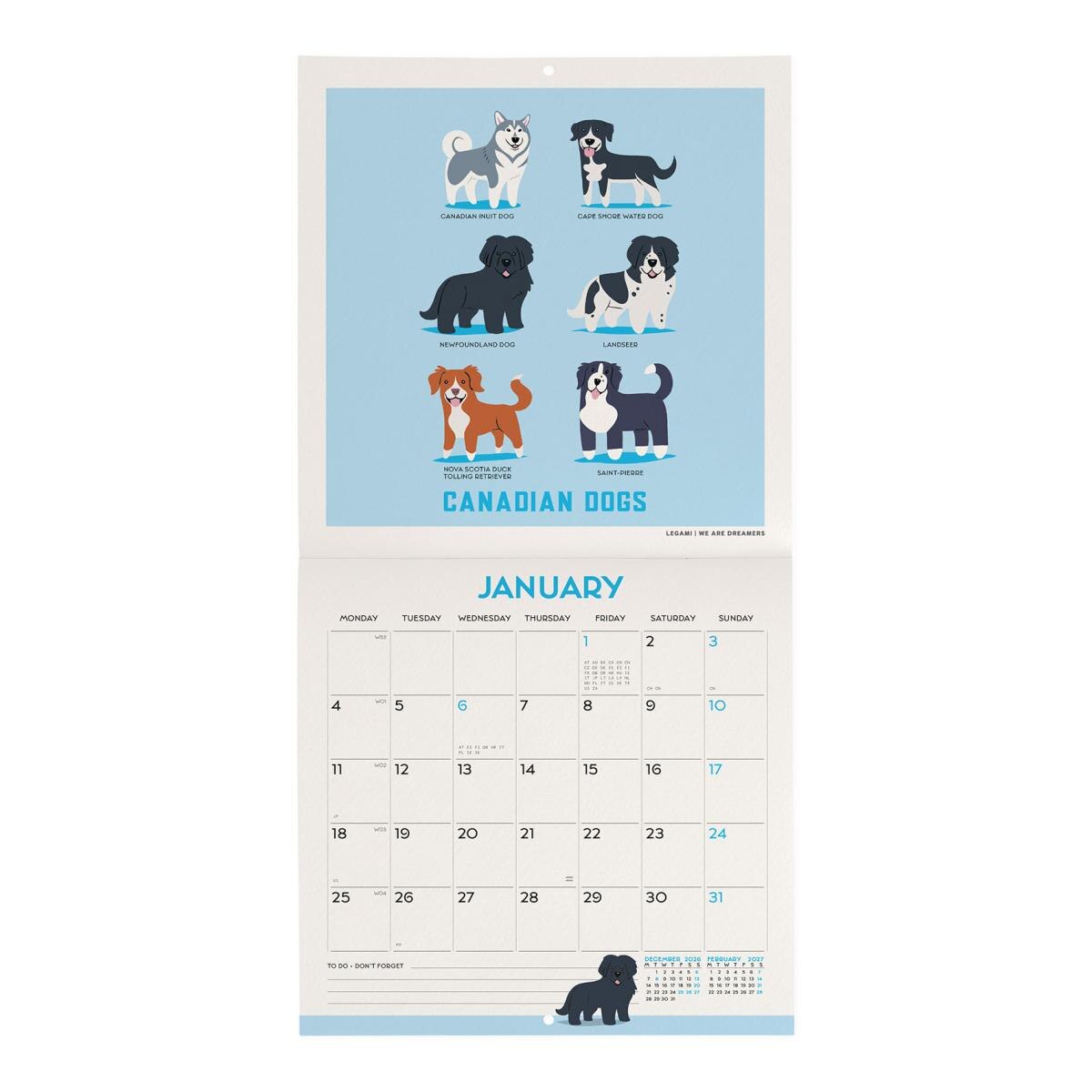 Calendario de Parede 2027 Vista por Mês Dogs Of The World Legami 2