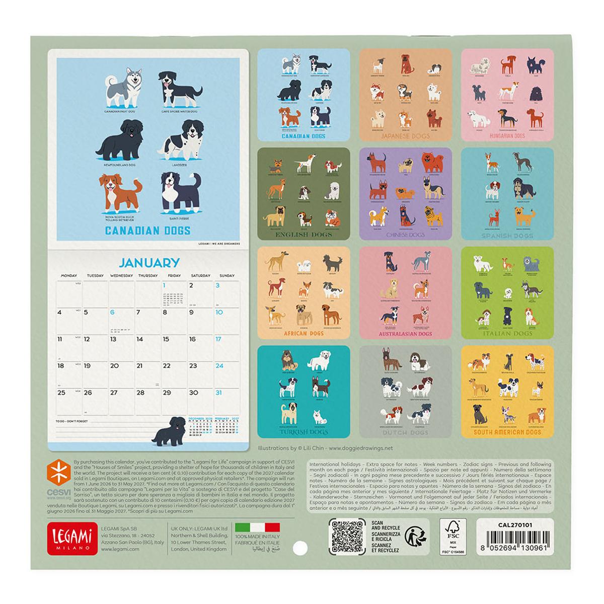Calendario de Parede 2027 Vista por Mês Dogs Of The World Legami 3