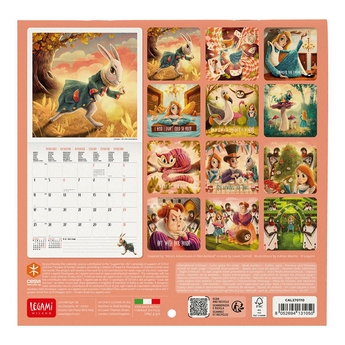 Calendario de Parede 2027 Vista por Alice in Wonderland Legami 3