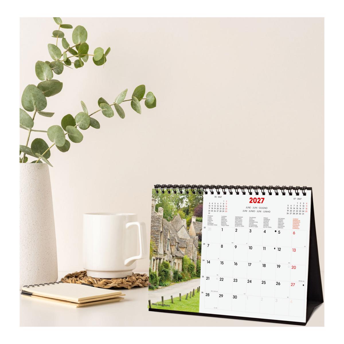 Calendário de secretária para o ano de 2027. Imagens S-210x150 mm. Visualização mensal. Charming Finocam internacional multilingue Multicolor-2