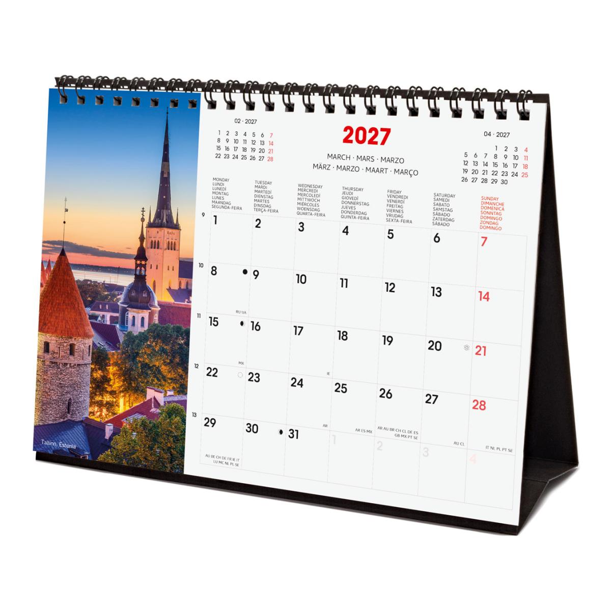 Calendário de secretária para o ano de 2027. Imagens S-210x150 mm. Visualização mensal. Charming Finocam internacional multilingue Multicolor-4
