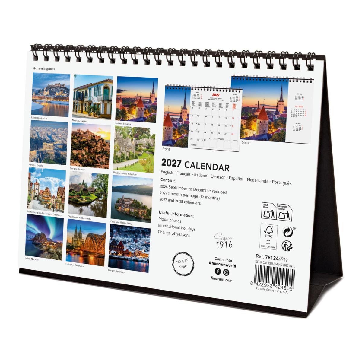 Calendário de secretária para o ano de 2027. Imagens S-210x150 mm. Visualização mensal. Charming Finocam internacional multilingue Multicolor-6