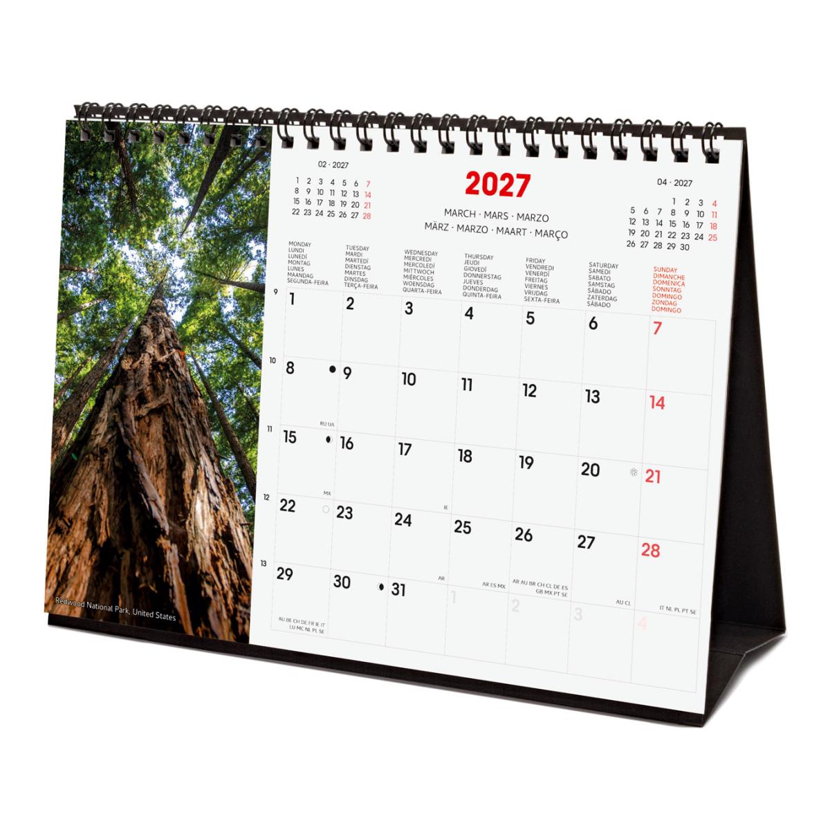 Calendário de secretária para o ano de 2027. Imagens S-210x150 mm. Vista mensal. Nature. Finocam internacional multilingue Multicolor-4