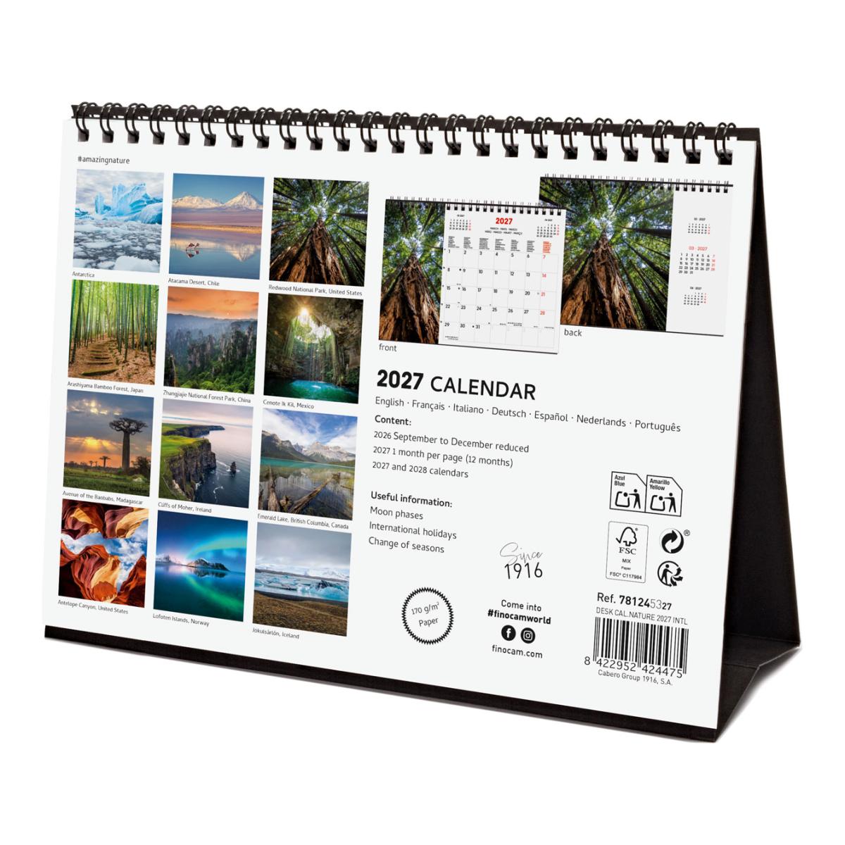 Calendário de secretária para o ano de 2027. Imagens S-210x150 mm. Vista mensal. Nature. Finocam internacional multilingue Multicolor-6