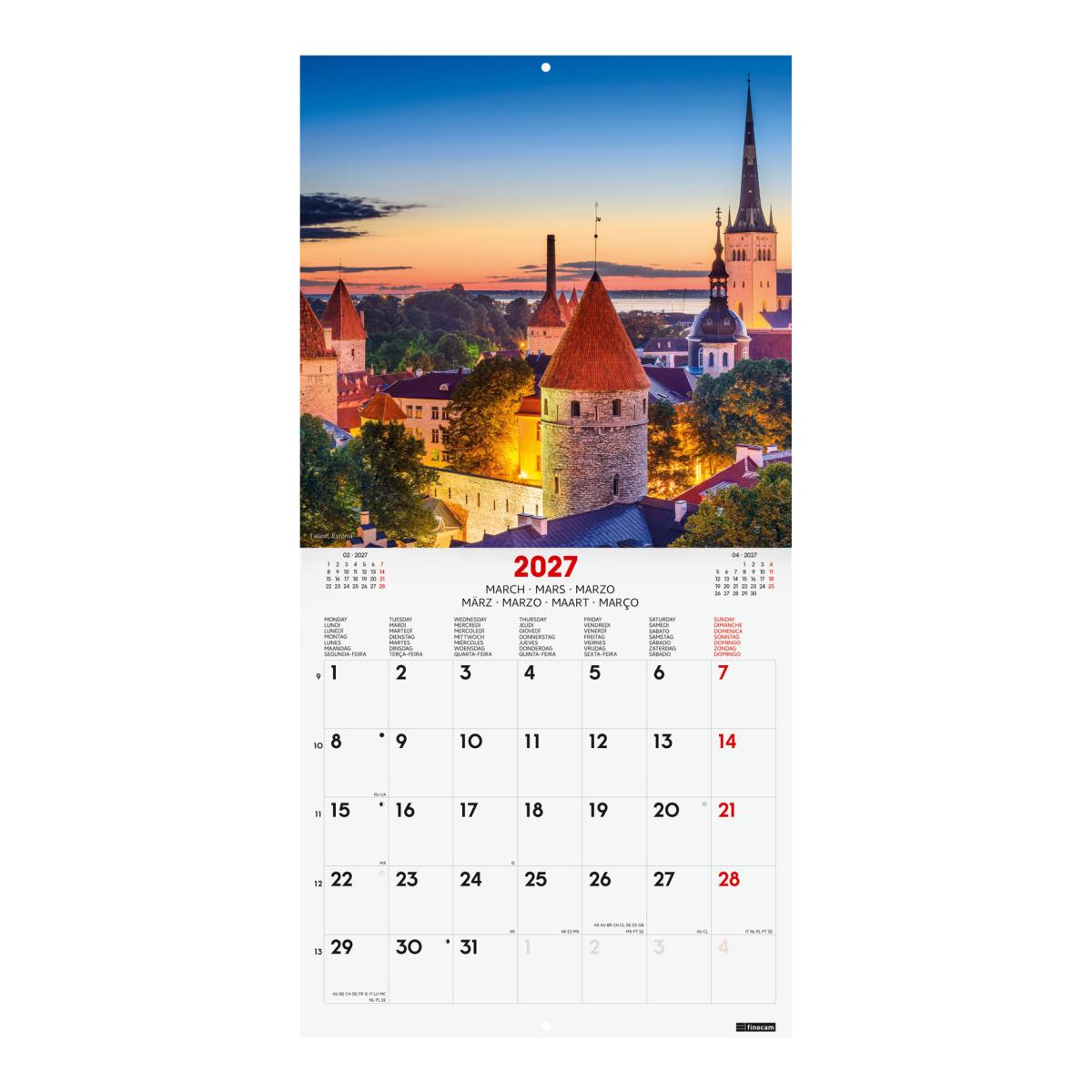 Calendário de parede para o ano de 2027 Imagens 300x300 mm Vista mensal Charming Finocam internacional multilingue Multicolor-2