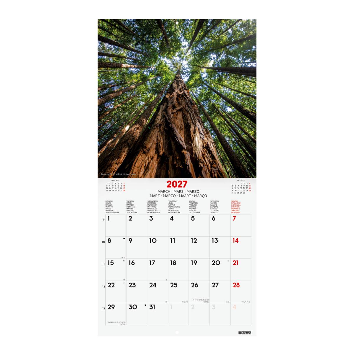 Calendário de parede para o ano de 2027 Imagens 300x300 mm Vista mensal Nature Finocam internacional multilingue Multicolor-3