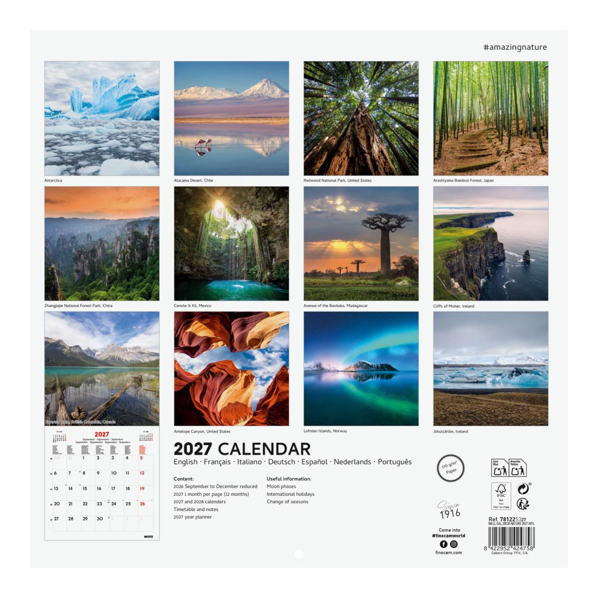 Calendário de parede para o ano de 2027 Imagens 300x300 mm Vista mensal Nature Finocam internacional multilingue Multicolor-4