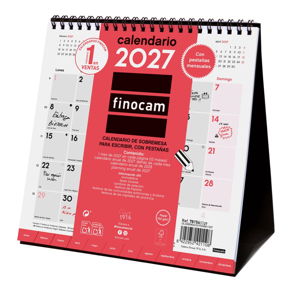 Calendario sobremesa año 2027 Neutro escribir con pestañas S-190x190 mm Mes Vista Finocam castellano Multicolor-1
