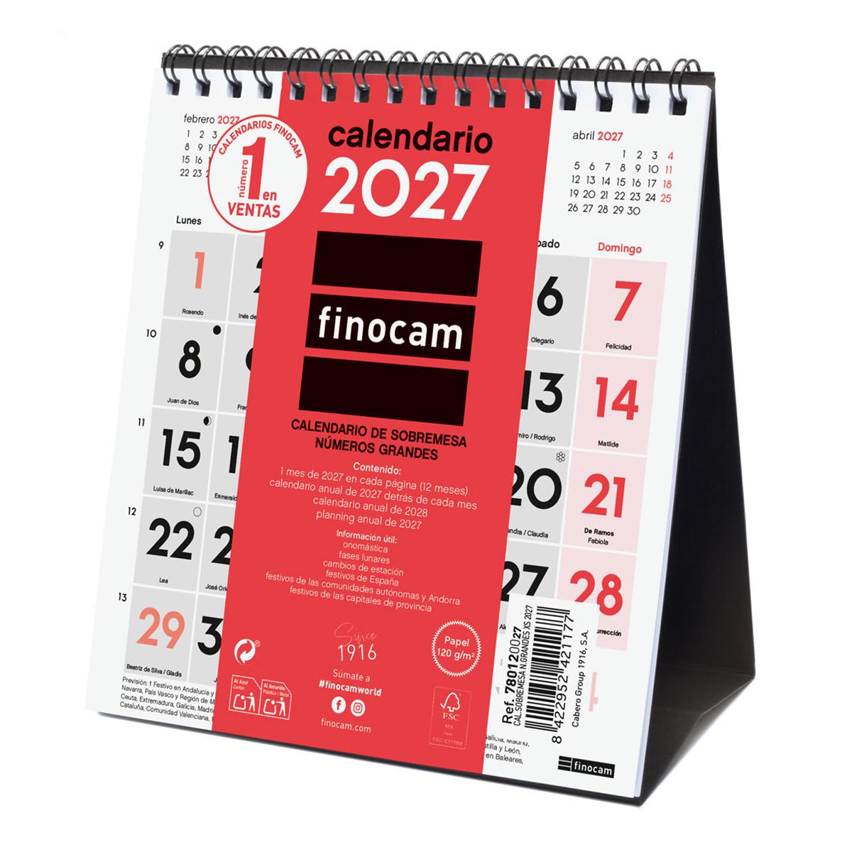 Calendario sobremesa año 2027 Neutro números grandes XS-140x150 mm Mes Vista Finocam castellano Multicolor-1