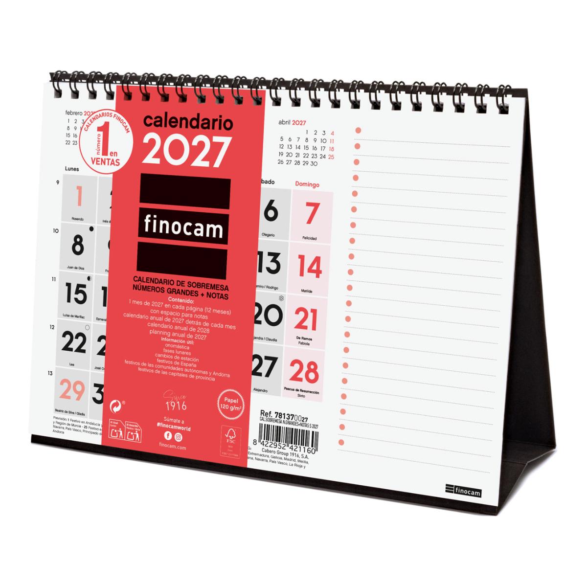 Imagen 0 de Calendario sobremesa año 2027 Neutro números grandes+notas S-210x150 mm Mes Vista Finocam castellano