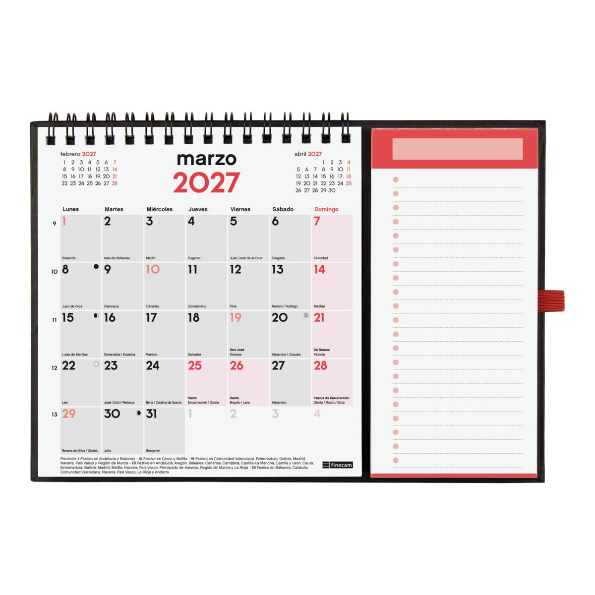 Calendario espiral con imán y bloc notas año 2027 Neutro escribir XS-140x150 mm Mes Vista Finocam castellano Multicolor-3