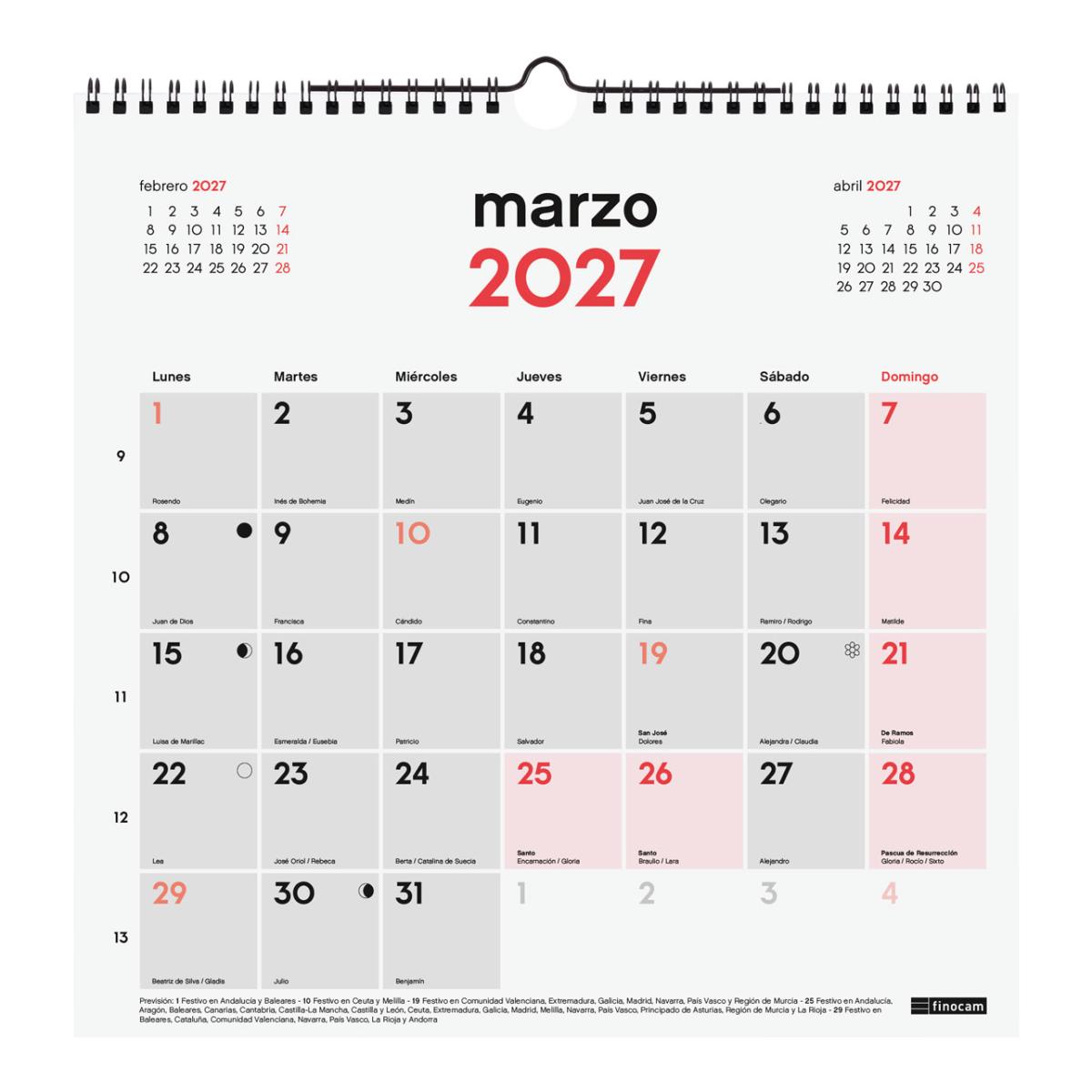Calendario pared año 2027 Neutro escribir 300x300 mm Mes Vista Finocam castellano Multicolor-3