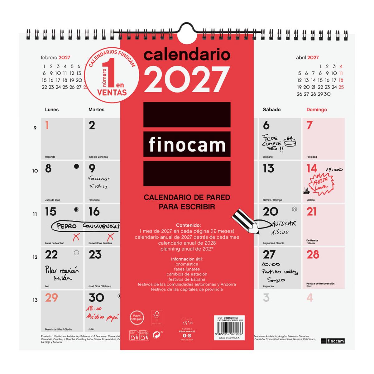 Calendario pared año 2027 Neutro escribir L-340x320 mm Mes Vista Finocam castellano Multicolor-1