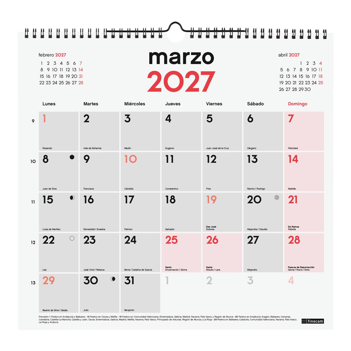 Calendario pared año 2027 Neutro escribir L-340x320 mm Mes Vista Finocam castellano Multicolor-3