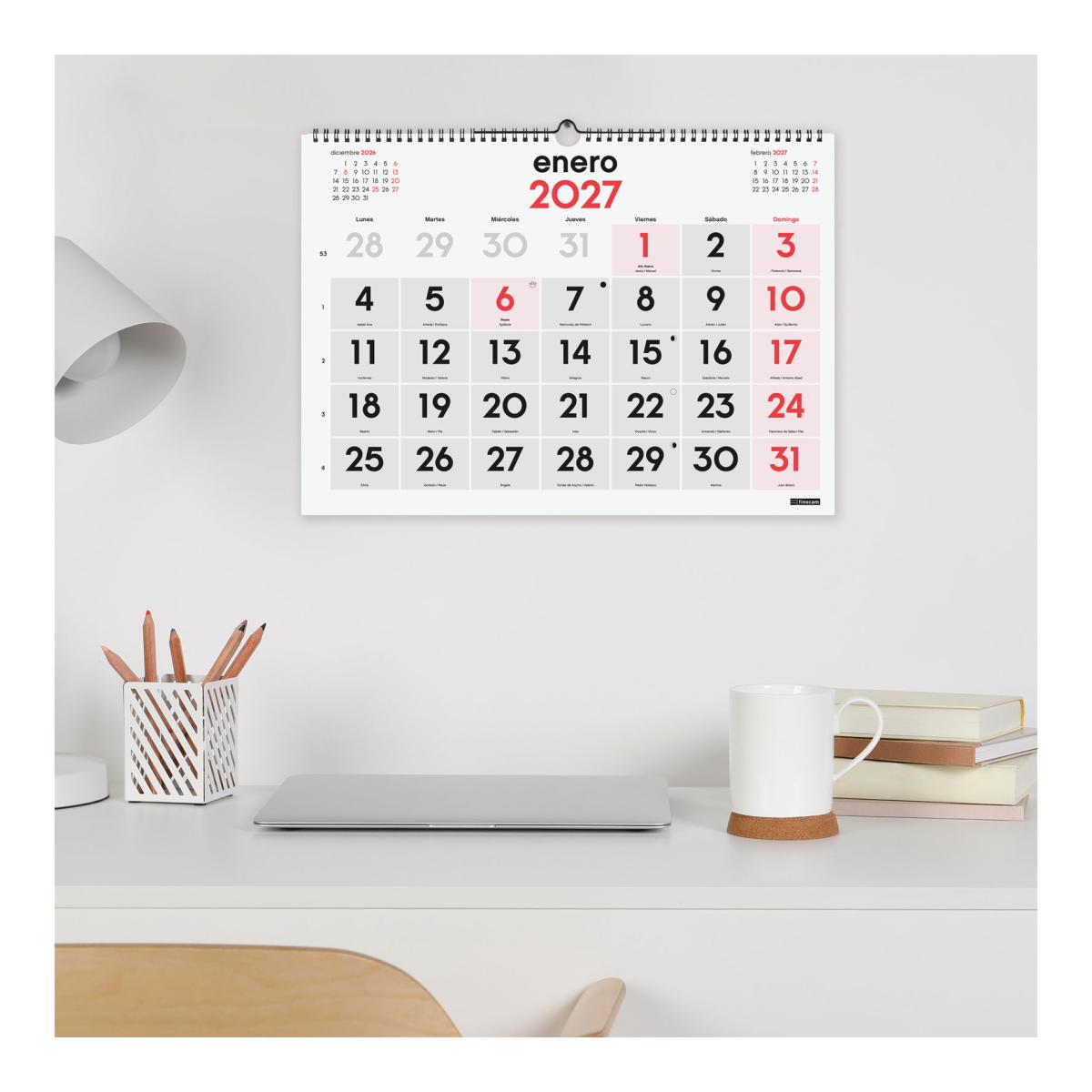 Calendario pared año 2027 Neutro números grandes L-430x310 mm Mes Vista Finocam castellano Multicolor-2