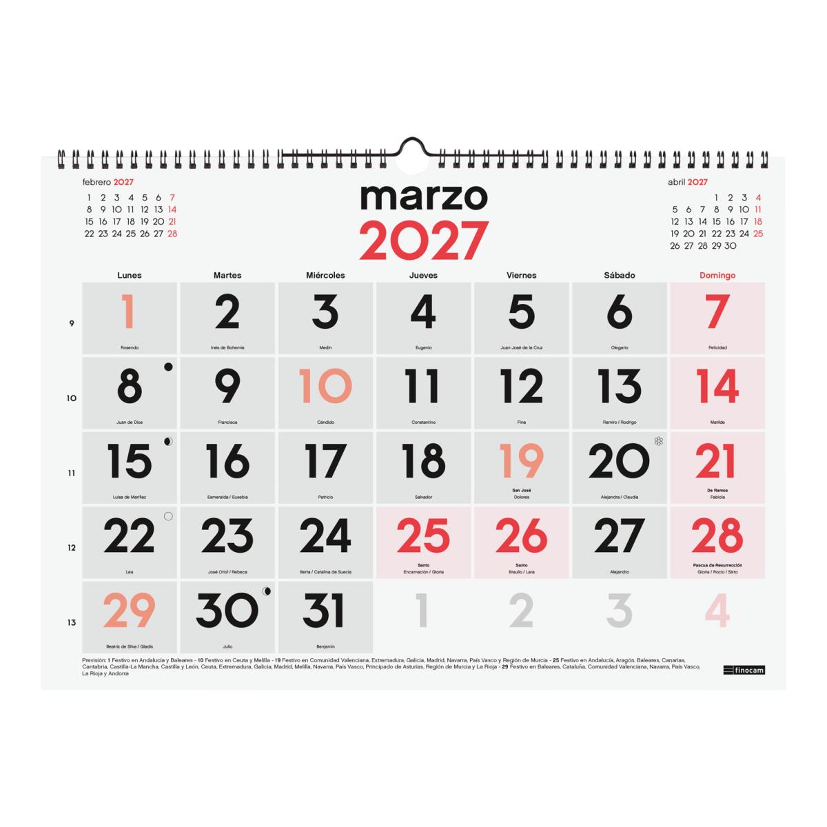 Calendario pared año 2027 Neutro números grandes L-430x310 mm Mes Vista Finocam castellano Multicolor-3