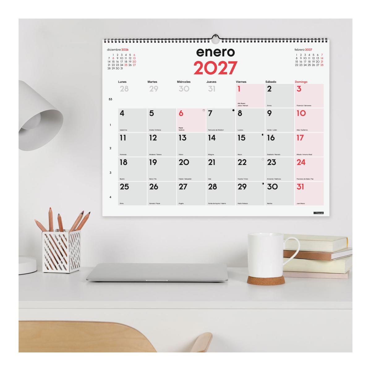 Calendario pared mixto doble funcionalidad año 2027 Neutro números grandes/escribir XL-540x420 mm Mes Vista Finocam castellano Multicolor-2