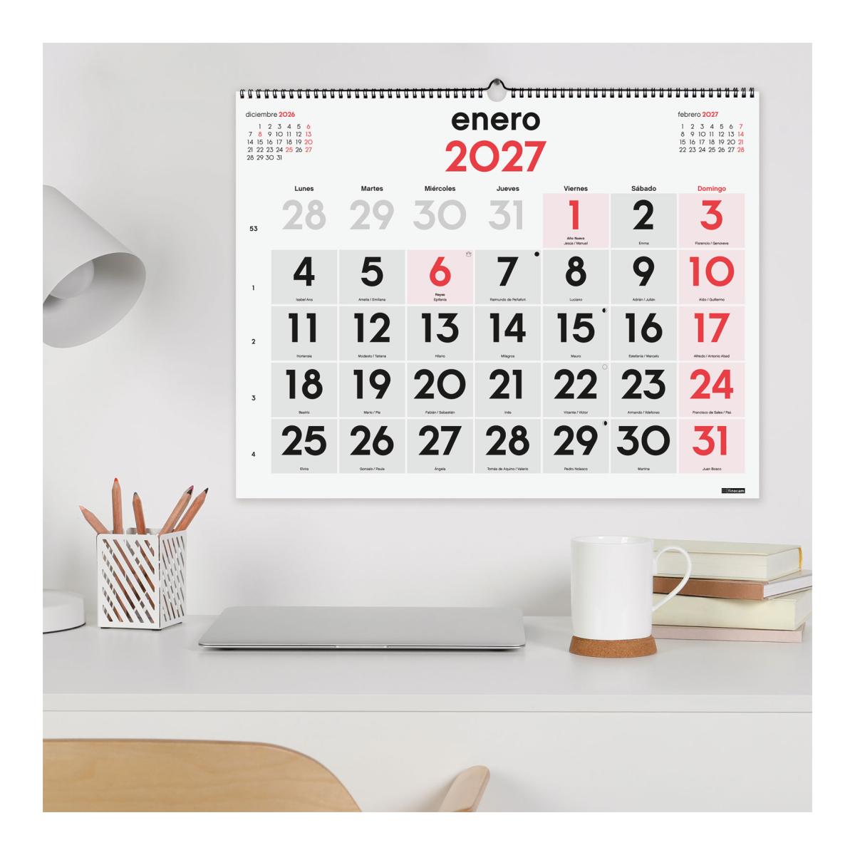 Calendario pared mixto doble funcionalidad año 2027 Neutro números grandes/escribir XL-540x420 mm Mes Vista Finocam castellano Multicolor-3