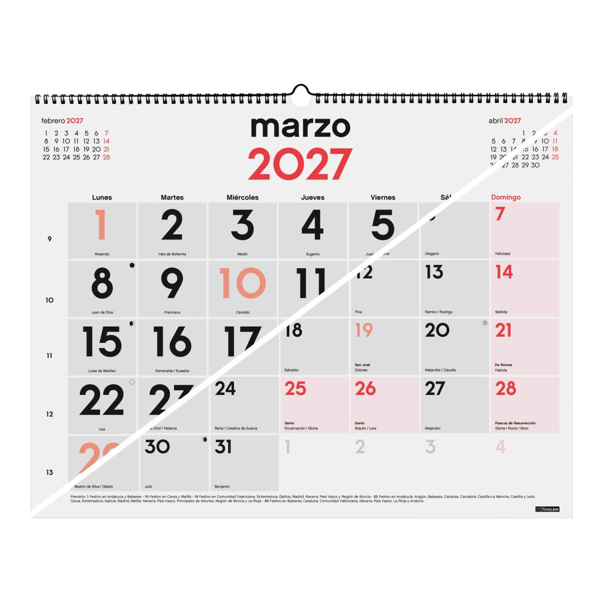 Calendario pared mixto doble funcionalidad año 2027 Neutro números grandes/escribir XL-540x420 mm Mes Vista Finocam castellano Multicolor-4