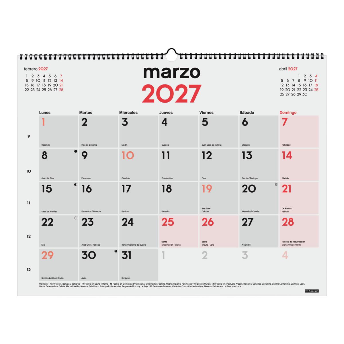 Calendario pared mixto doble funcionalidad año 2027 Neutro números grandes/escribir XL-540x420 mm Mes Vista Finocam castellano Multicolor-5
