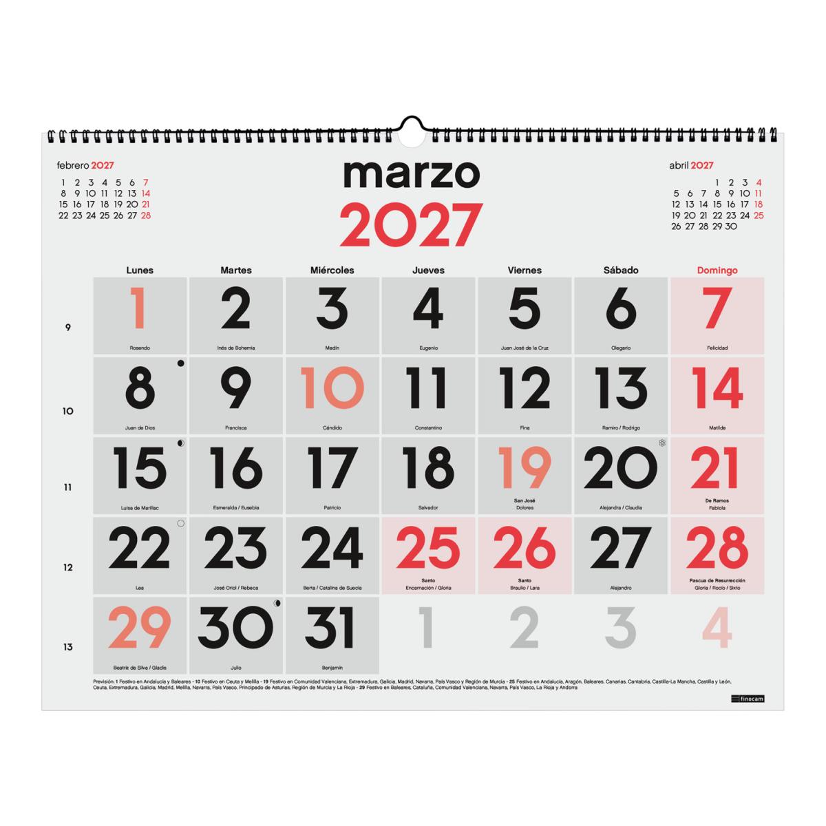 Calendario pared mixto doble funcionalidad año 2027 Neutro números grandes/escribir XL-540x420 mm Mes Vista Finocam castellano Multicolor-6