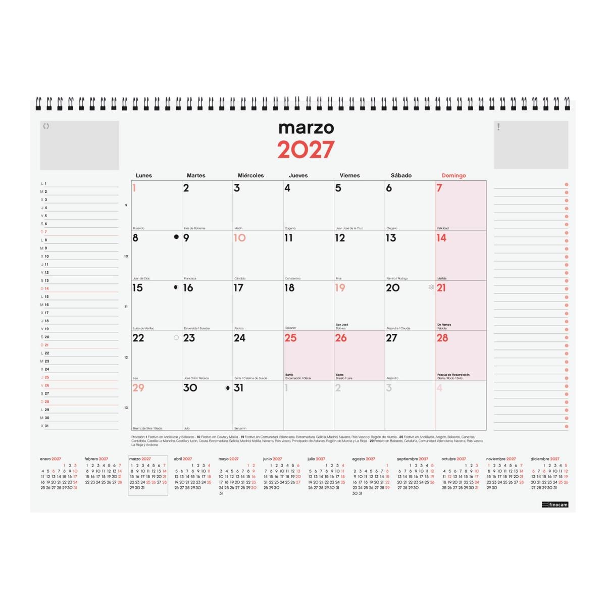 Calendario vade de sobremesa espiral año 2027 Neutro 420x310 mm Mes Vista Finocam castellano Multicolor-3